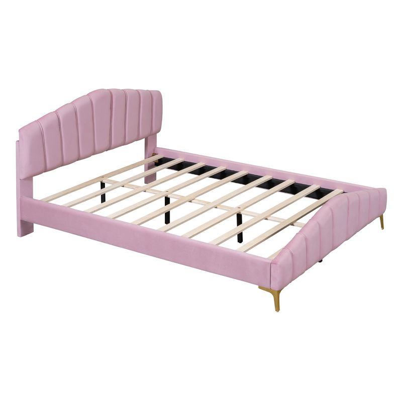 Queen Size Velvet Platform Bed with Stylish Stripe Decorated Bedboard and Elegant Metal Leg - ModernLuxe, 4 of 13