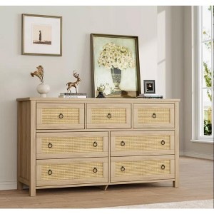 47.2" Freestanding Rattan Cabinet Dresser with Anti-Tip Design and 7 Storage Drawer, Wooden Closet Dressers Chest for Bedroom, Living Room - 1 of 4