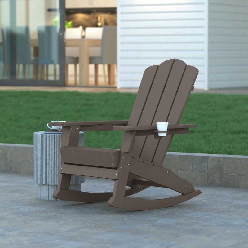 Emma and Oliver Adirondack Rocking Chair with Cup Holder, Weather Resistant HDPE Adirondack Rocking Chair in Brown, 2 of 11