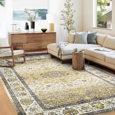 Washable Vintage Area Rug, Low Pile Foldable Non-Slip Non-Shedding Ultra-Thin Floral Accent Carpet for Living Room Bedroom