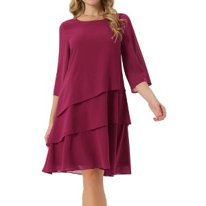 INSPIRE CHIC Women's Round Neck Semi Sheer 3/4 Bell Sleeve Asymmetrical Layered Tiered Midi Dress - 1 of 4