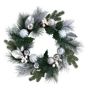 Nearly Natural 24” Pinecones and Berries Christmas Artificial Wreath with Silver Ornaments - 1 of 4