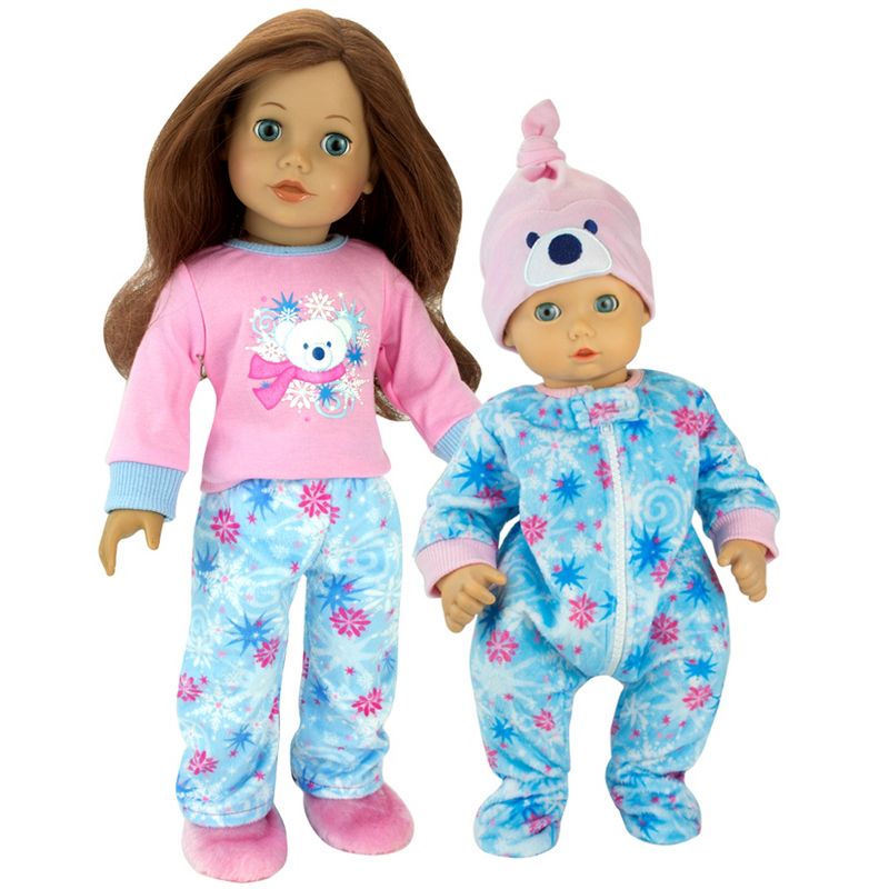 Sophia’s 2 Piece Winter-Print Fleece Sleeper Outfit with Hat Set for 15'' Dolls, Blue/Pink, 4 of 5