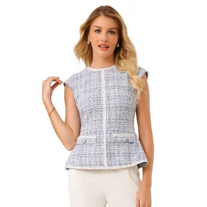 INSPIRE CHIC Women's Elegant Tweed Crew Neck Cap Sleeve Business Office Peplum Blouse - 1 of 4