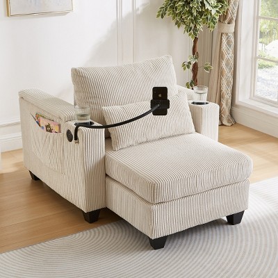 Convertible Chaise Lounge Sofa Chair with USB Ports,Two Cup Holders,Phone Holder,Ample Storage Space-The Pop Home