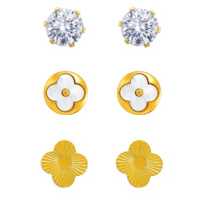 Gold-Tone Multi-Style Stud Earrings Set - Cubic Zirconia, Mother-of-Pearl Clover & Textured Clover, Women’s Versatile Daily/Styling Jewelry