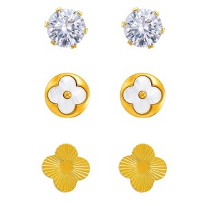 Gold-Tone Multi-Style Stud Earrings Set - Cubic Zirconia, Mother-of-Pearl Clover & Textured Clover, Women’s Versatile Daily/Styling Jewelry - 1 of 4