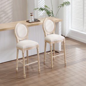 Kumasinova 26" Bar Chairs Set of 2,Upholstered Stools with Round Backrest,Carved Solid Wood Legs,Cotton Linen Seat,Beige Chairs for Dining Room - 1 of 4