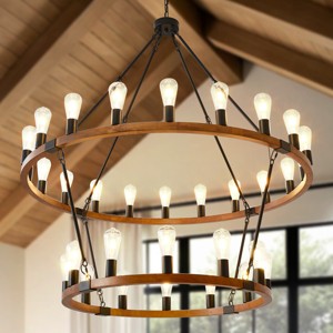 BAOURE 40in 16 Lights Wood Wagon Wheel Chandelier Farmhouse Black Rustic Pendant Light for High Ceilings Entryway Foyer Dining Room Living Room - 1 of 4