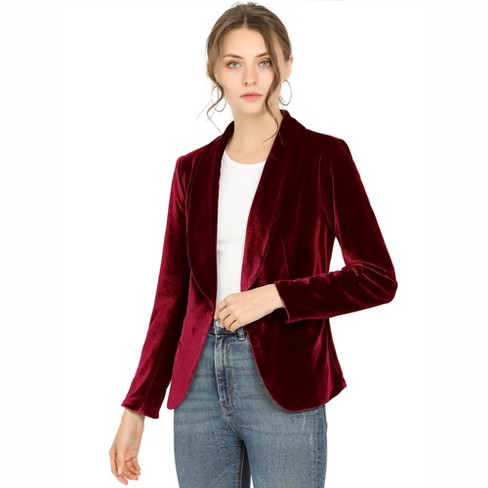 Allegra K Women's Solid Shawl Collar 1 Button Velvet Office Blazer Wine Red  X-Large