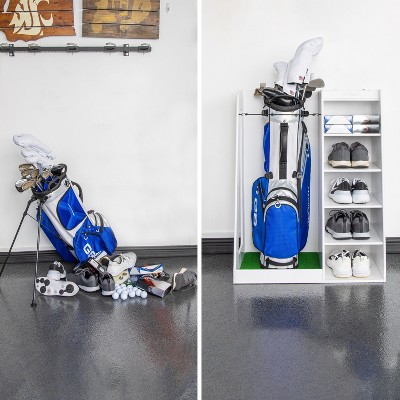 White Wooden Freestanding Golf Bag Organizer with Multiple Shelves