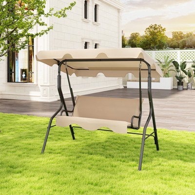 Beige Metal Frame Outdoor Patio Swing with Adjustable Canopy