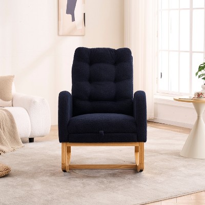 Akoasm Modern Rubber Wood Rocking Chair With High Back, Footrest For Living Room & Bedroom-Deep Navy