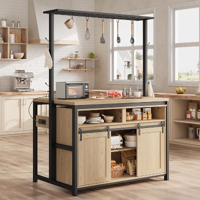 Jojoka Wooden Kitchen Island with Power Outlet, Coffee Bar Table with Sliding Barn Door and Open Shelf,Natural