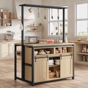 Jojoka Wooden Kitchen Island with Power Outlet, Coffee Bar Table with Sliding Barn Door and Open Shelf,Natural - 1 of 4