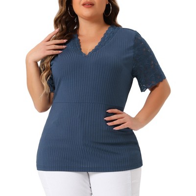 Agnes Orinda Women's Plus Size Summer V Neck Short Sleeve Elegant Lace Ribbed Knit Tunic Blouse