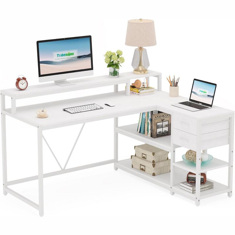 Tribesigns Reversible L-shaped Computer Desk with Drawer, Corner Desk Table with Storage Shelves and Monitor Stand for Home Office, 1 of 10