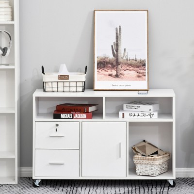 White Mobile Office Cabinet with Drawers and Shelves