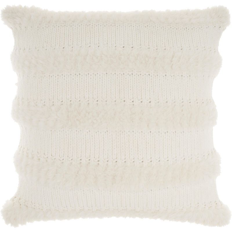 Mina Victory Faux Fur Knit Stripes 20" x 20" Ivory Indoor Throw Pillow, 1 of 6