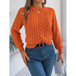 Women's Cable Knit Crew Neck Sweater - Balloon Sleeve Loose Fit Textured Knit Top for Casual Comfort - 1 of 4