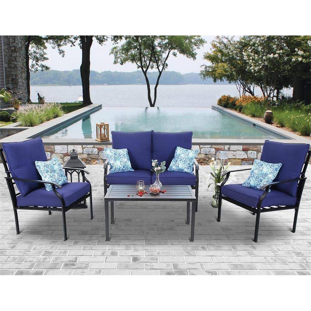 4pc Conversation Set with Loveseat Chairs & Coffee Table Navy Blue Captiva Designs