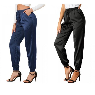 Allegra K Women's Drawstring Elastic Waist Ankle Length Satin Joggers with Pocket 2 Pcs