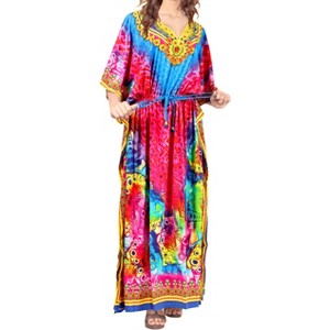 LA LEELA Women Dailywear Loungewear Maxi Plus Size Kaftan Ethnic Casual Long Slit Dress Caftan Dresses for Women One Size Multi,Abstract - 1 of 4