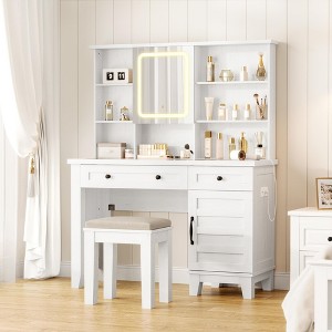 Makeup Vanity Desk with Mirror and Lights 3 Color Modes Available, Wooden Makeup Table with Chair, Power Outlet, Glass Top - 1 of 4