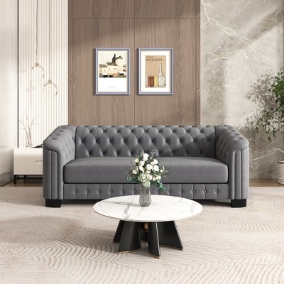 82.4" Velvet Curved-Arm 3-Seater Sofa with Thick Padded Seat and Solid Wood Legs