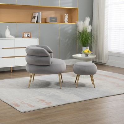 CAVINAS Velvet Barrel Accent Chair with Ottoman,Arm Chair with Footrest Stool Set for Living Room,Bedroom