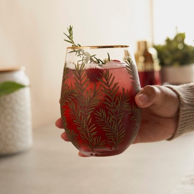 Winter Woodland Stemless Wine Glasses with Gold Rim, 16oz, Set of 2
