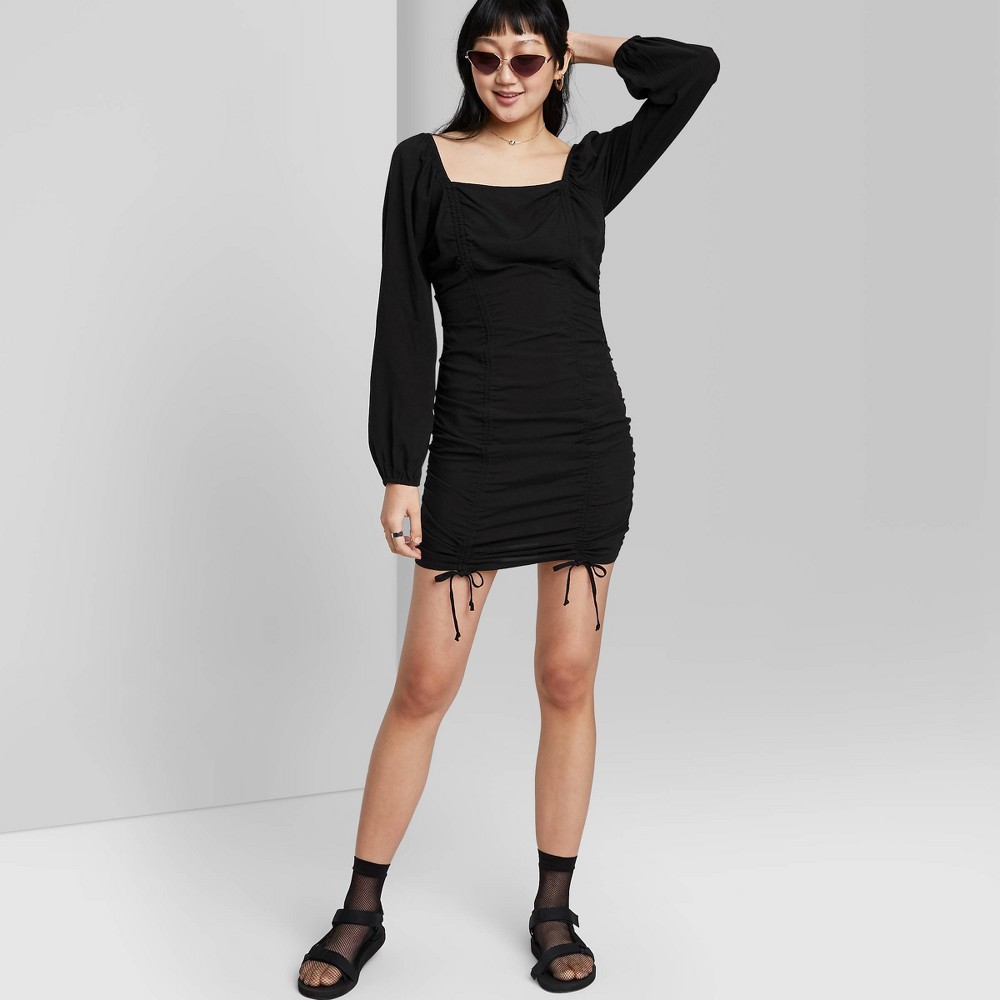 wild fable black ruched dress Women's Puff Long Sleeve Double Ruched Dress - Wild Fable Black XS