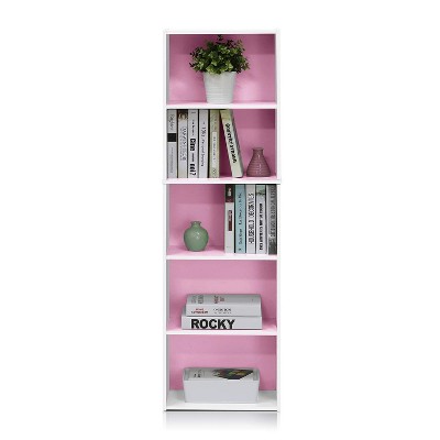 Contemporary 5-Tier Laminated Wood Bookcase in White & Pink