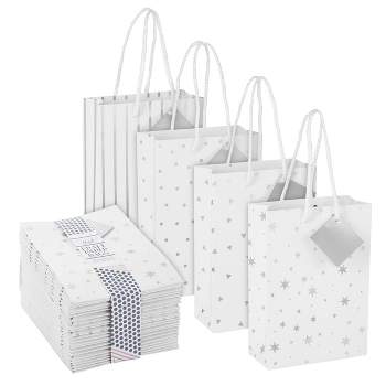 Blue Panda 24 Pack Small White Bags with Silver Foil Designs for Holidays and Birthdays, 4 Designs, 7.9 x 5.5 x 2.5 In