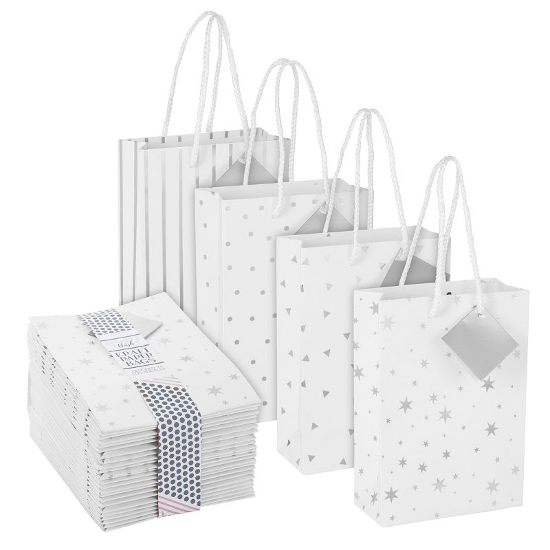 Blue Panda 24 Pack Small White Bags with Silver Foil Designs for Holidays and Birthdays, 4 Designs, 7.9 x 5.5 x 2.5 In, 1 of 7