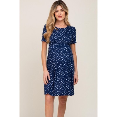 PinkBlush Navy Floral Smocked Short Sleeve Maternity Dress