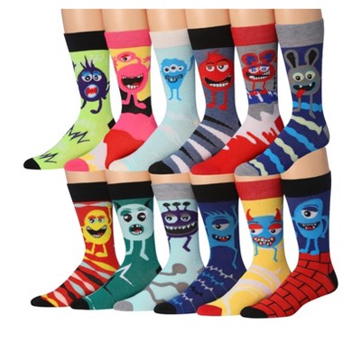 JAMES FIALLO Mens 12 Pairs Playful Funny Monster Crazy Colorful Patterned Dress Socks for Men