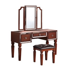 Royal Hampton 60 Inch Vanity Desk Set, Upholstered Stool, Trifold Mirror, Brown - 1 of 4