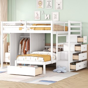 NicBex Full over Twin Bunk Bed Wood Bed Frame with 5 Drawers, Wardrobe, Stairs and Full Length Guardrail, No Box Spring Required - 1 of 4