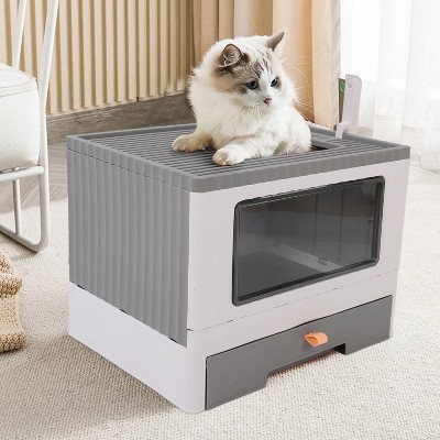 LunaLulinlk grey Large litter box with lid, includes litter scoop, tray, and self-grooming side panels.