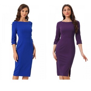 INSPIRE CHIC Women's Elegant Boat Neck 3/4 Sleeves Work Midi Split Sheath Dress 2 Packs - 1 of 4