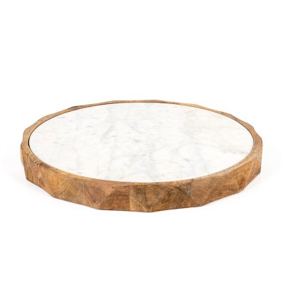 HomeRoots 15" Brown And White Marble And Solid Wood Round Cheese Board