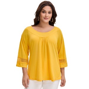 Agnes Orinda Women's Plus Size Hollow Out Gathered Patchwork Long Sleeve Pleated Tunics Casual Blouse - 1 of 4