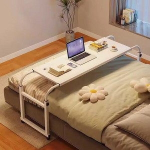 Mobile Bed Desk Adjustable Height, Overbed Table with 4 Lockable Wheels, Curved Edge Design Laptop Table for Home Office Hospital Bedroom, White - 1 of 4