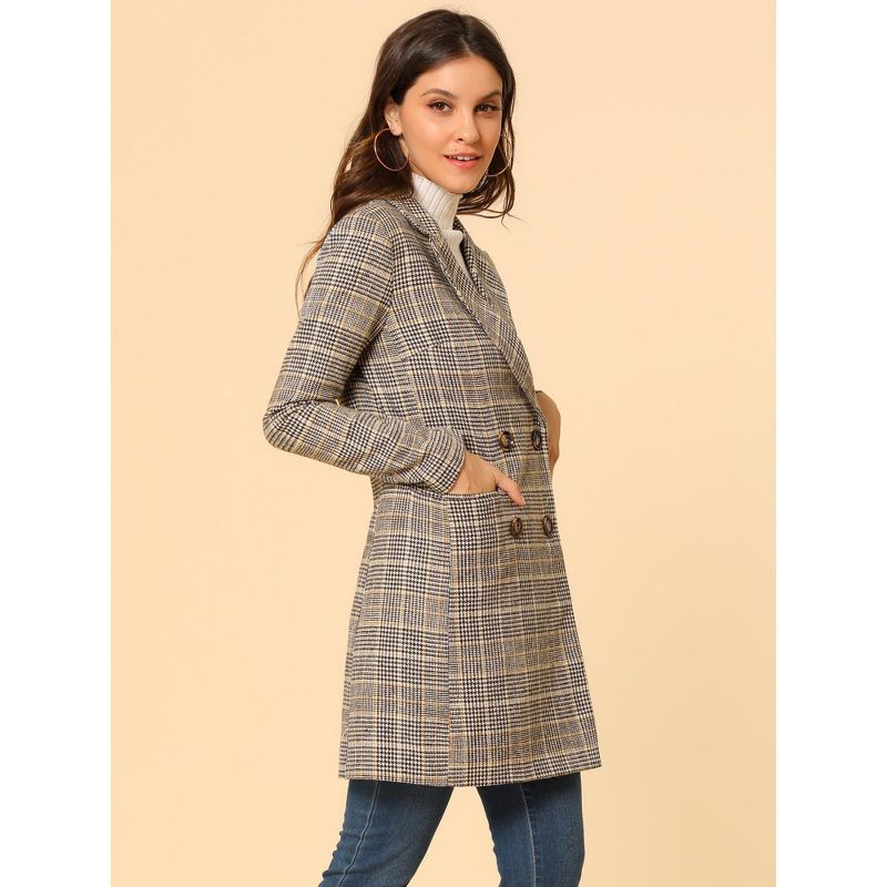 Allegra K Women's Double Breasted Notched Lapel Plaid Overcoat with Pockets, 5 of 8