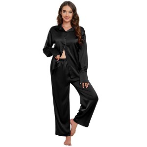 Women's Pajama Sets Button Down Long Sleeve 2025 Satin Loungewear Set Comfy Nightwear - 1 of 4