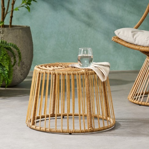 Patio Outdoor Side Table, Round Rattan End Table, Bohemia Style Accent