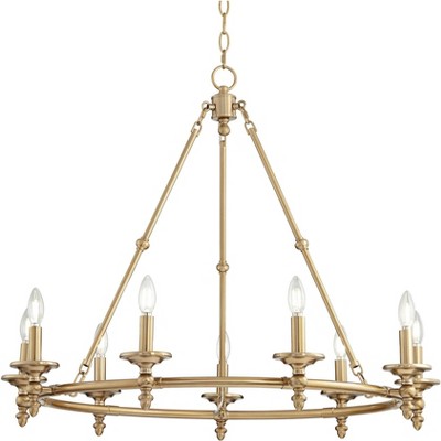 Stiffel Warm Antique Brass Large Wagon Wheel Chandelier 35" Wide Modern Farmhouse 9-Light Fixture Dining Room House