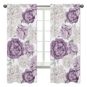Sweet Jojo Designs Girl Window Curtain Panels 84in. Peony Floral Garden Purple Ivory and Green - 1 of 4