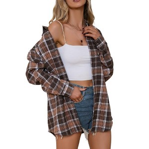 Whizmax Womens Spring Fashion 2023 Plaid Flannel Jacket Casual Long Sleeve Button Collared Neck Oversized Shirts Khaki 2XL - 1 of 1